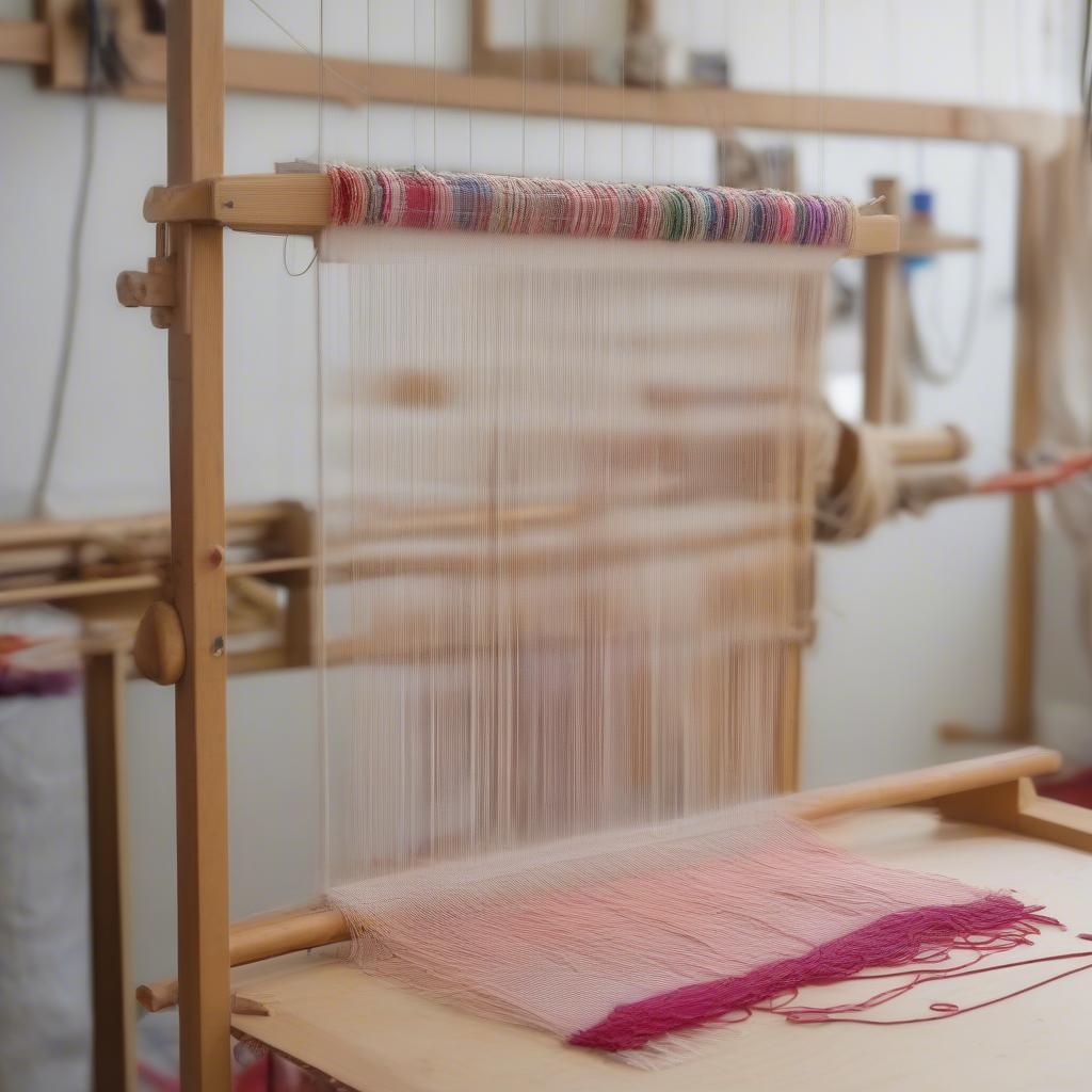 Plastic Bag Weaving Loom Setup: A loom set up with warp threads ready for weaving plastic bag yarn.