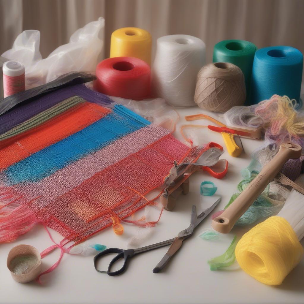 Essential materials for plastic bag weaving, including loom, scissors, and plastic bags