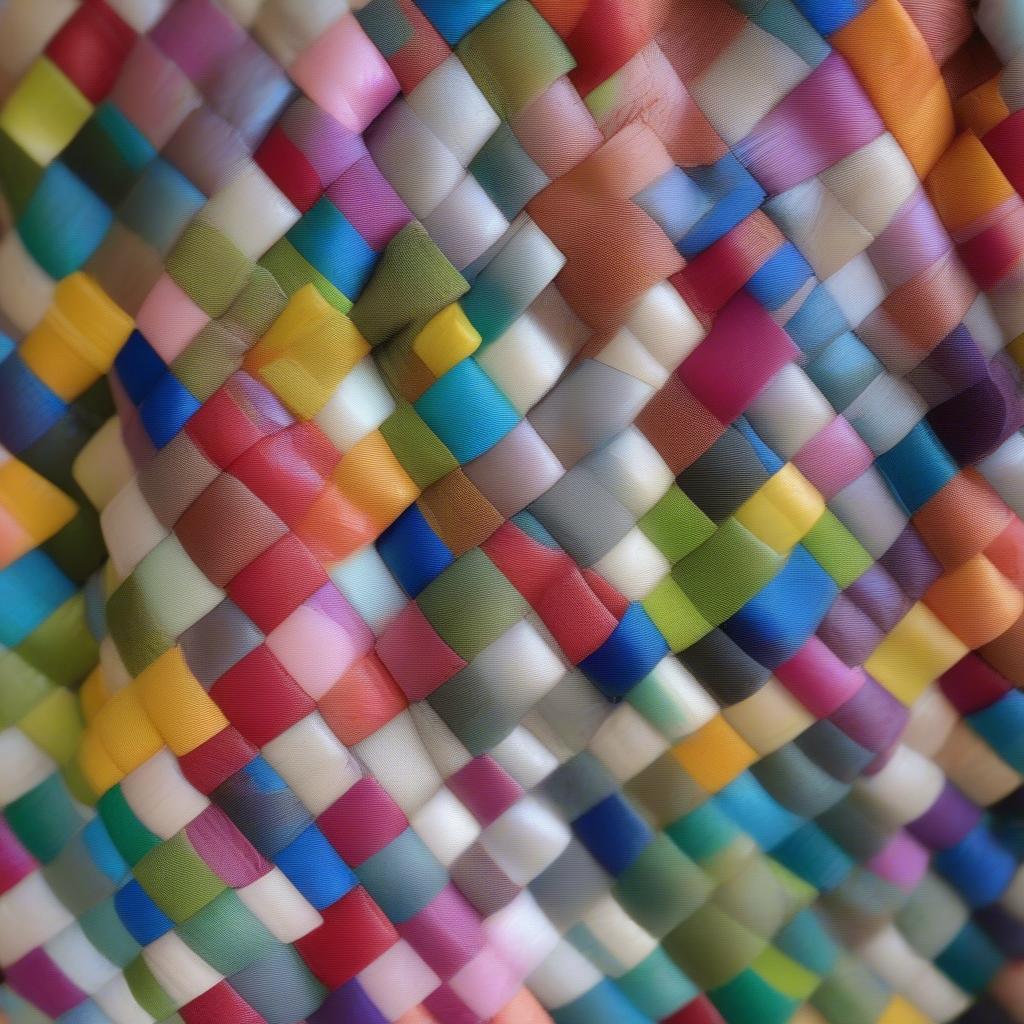 A vibrant mat woven from recycled plastic bags in a variety of colors, demonstrating the potential for creating beautiful and functional items.