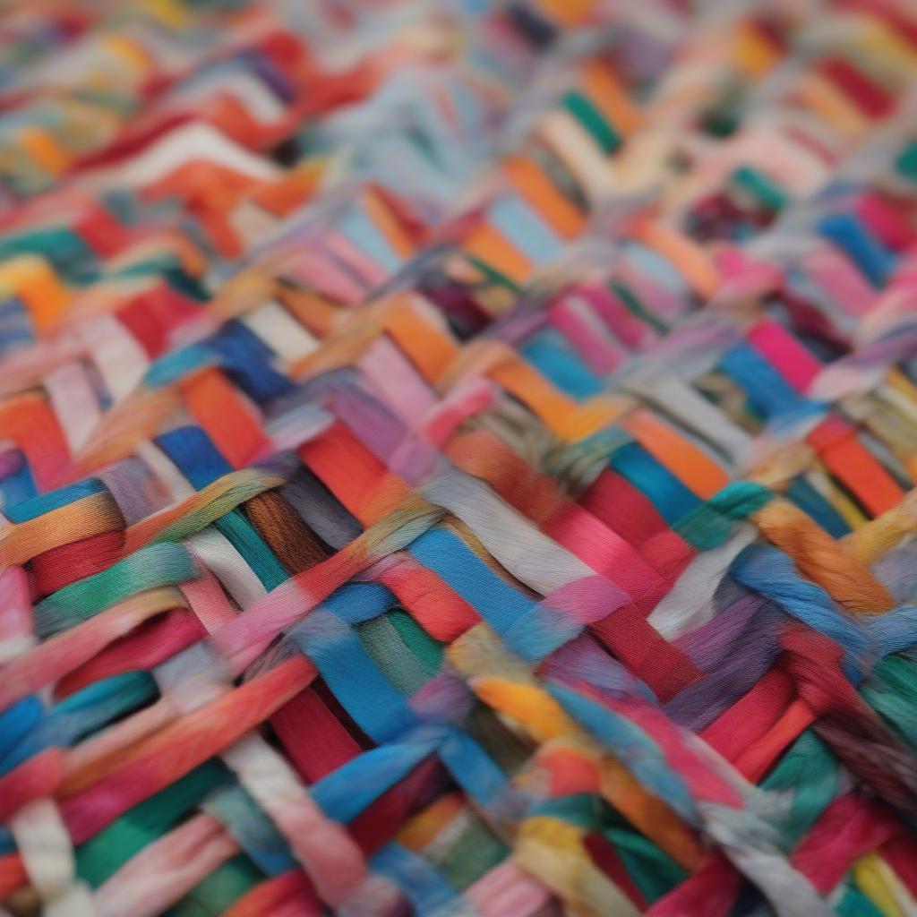 Close-up of a vibrant, multicolored plastic bag woven rug, showcasing the intricate weaving pattern and the durable texture of the recycled plastic.