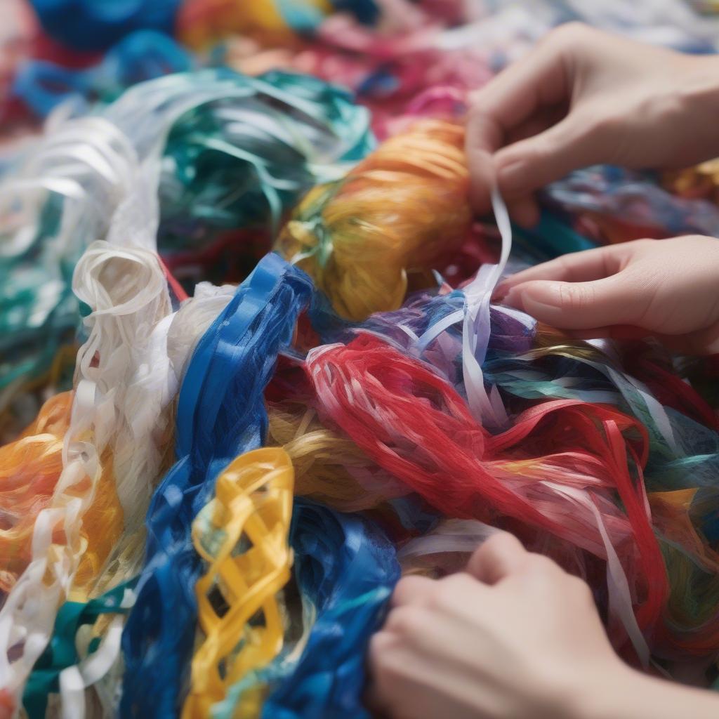 Hands creating plarn, or plastic yarn, from cut plastic bags, a crucial step in plastic bag weaving.