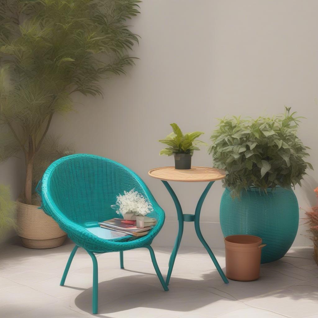 Plastic basket weave chair on an outdoor patio setting