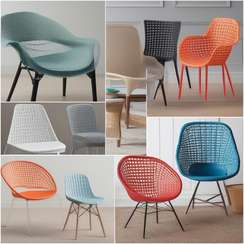 Different styles of plastic basket weave chairs