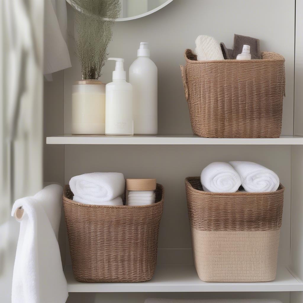 Plastic Weave Storage Baskets (15x9x8) in a Bathroom Setting