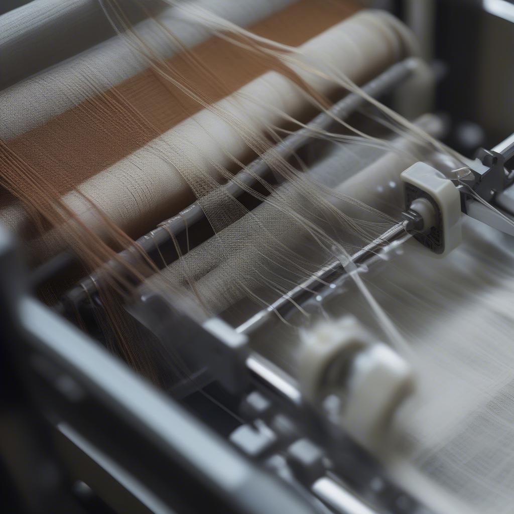 Close-up view of the weaving mechanism of a plastic woven bag machine, highlighting the intricate interplay of threads.