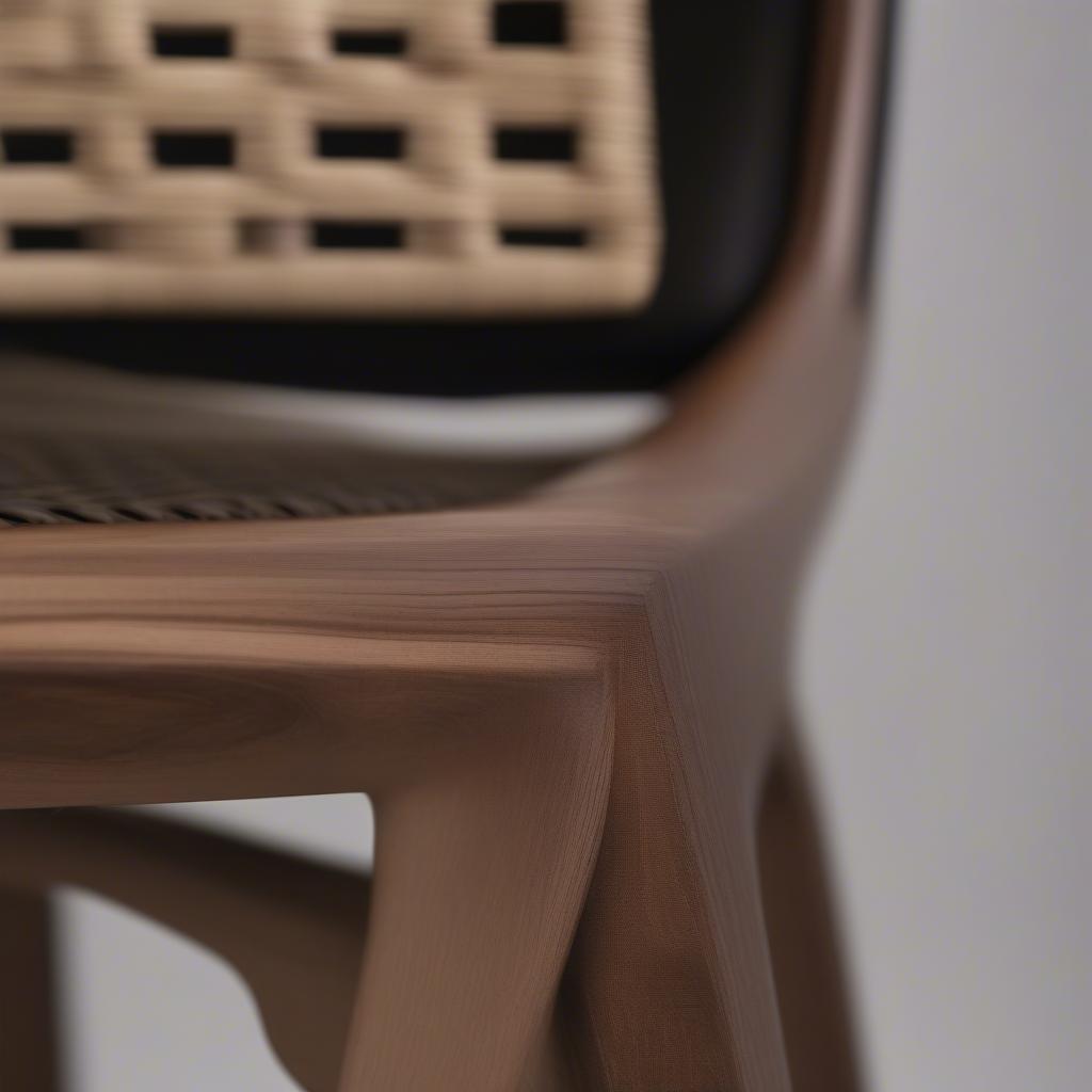 Detailed view of the walnut frame and woven seat of the Poly and Bark Weave Chair.