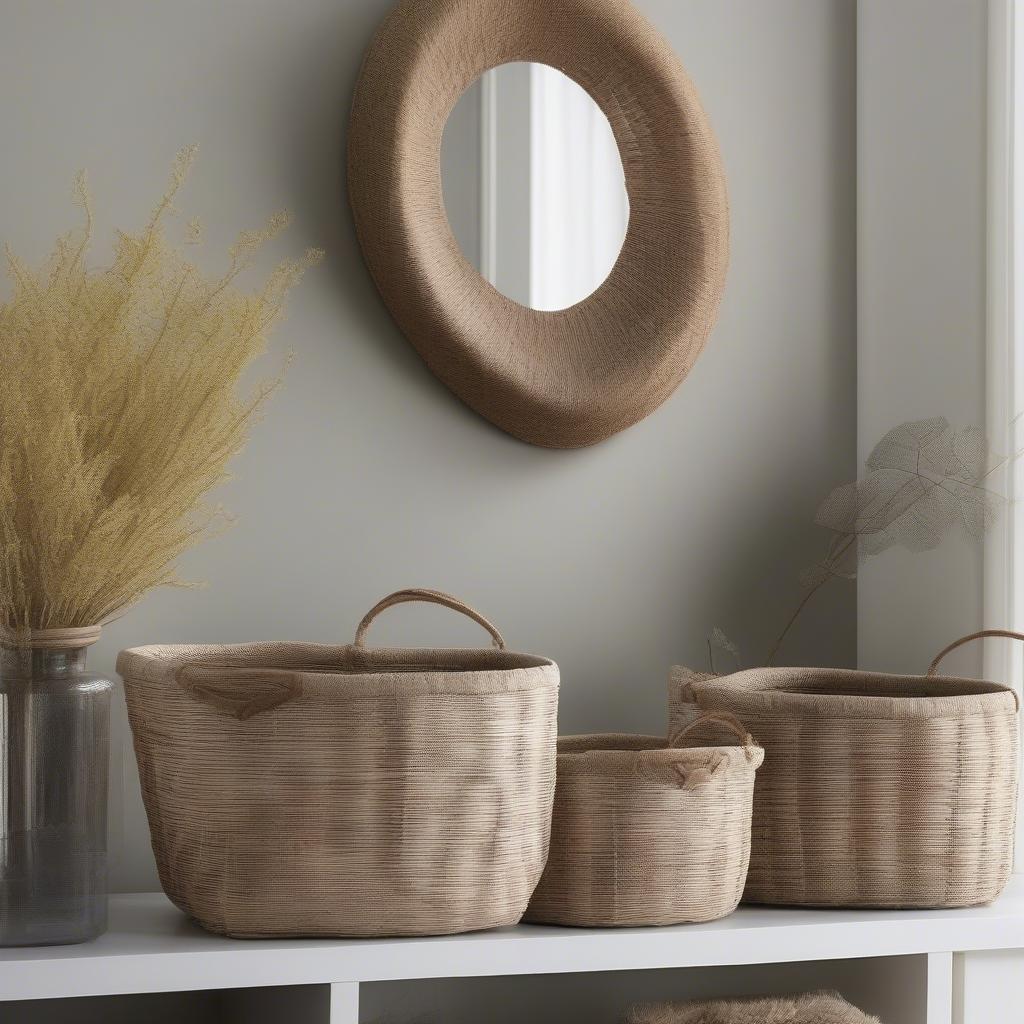 Large poly resin weave baskets incorporated into different home decor styles.