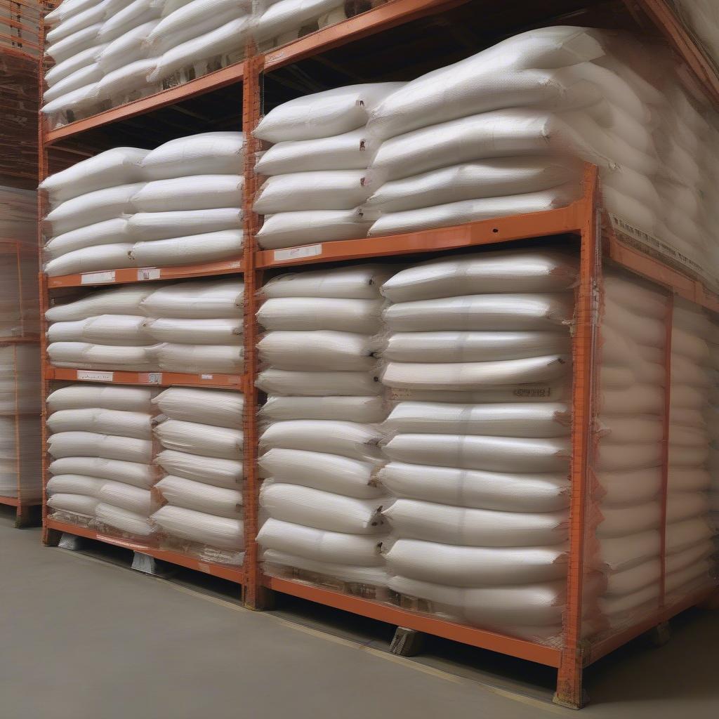 Poly woven feed bags in various sizes and colors, stacked in a warehouse.