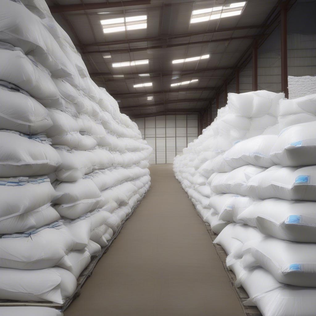 Poly woven fertilizer bags stacked in a warehouse, showcasing their durability and efficient storage.