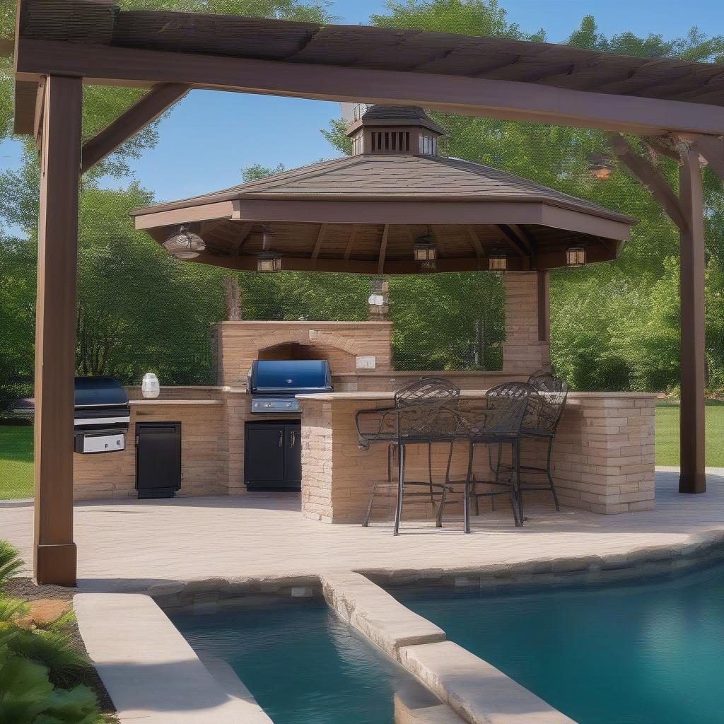 A pool with a basket weave gazebo and a matching outdoor kitchen