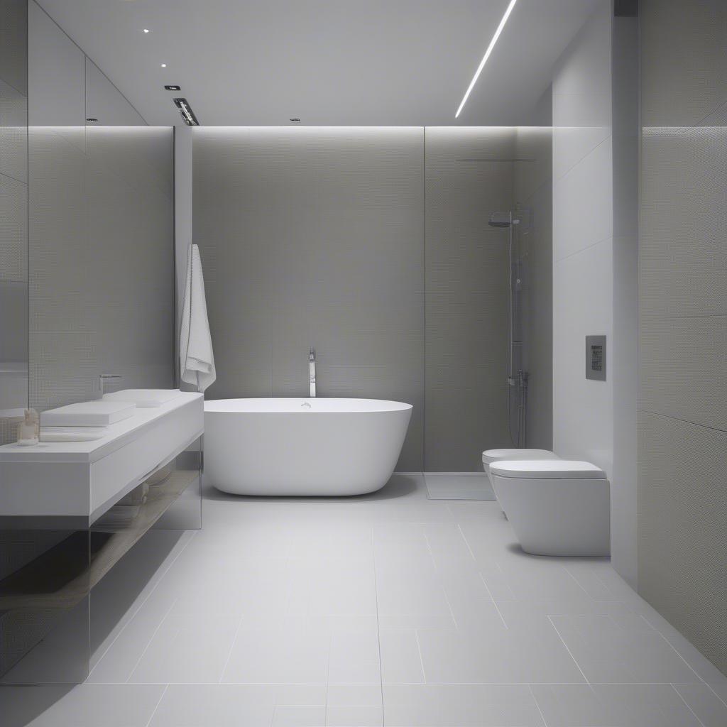 Porcelain basket weave grey white tiles on a bathroom floor.