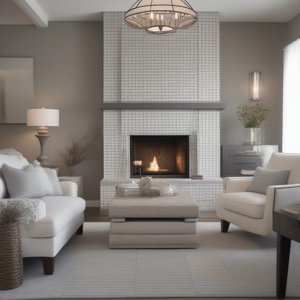 Porcelain basket weave grey white tiles used as a fireplace surround.