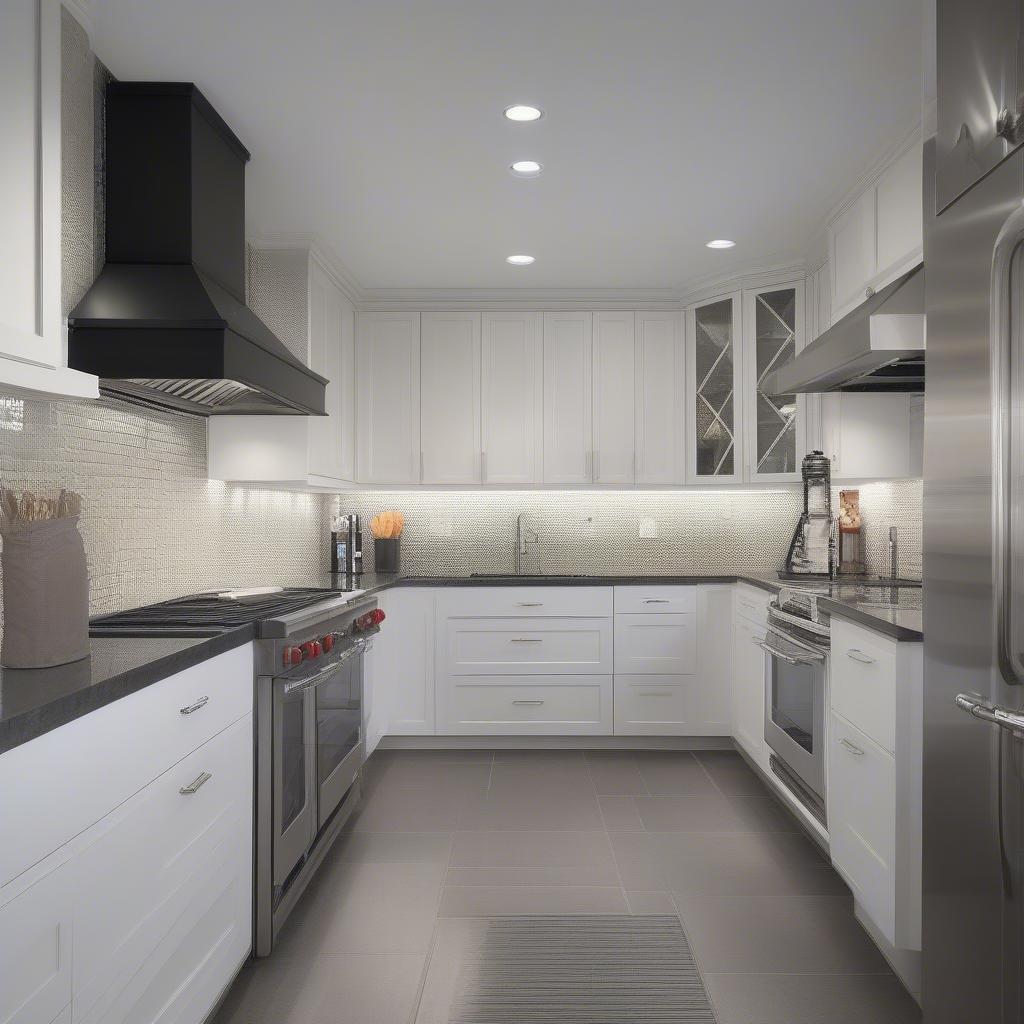 Porcelain basket weave grey white tiles used as a kitchen backsplash.