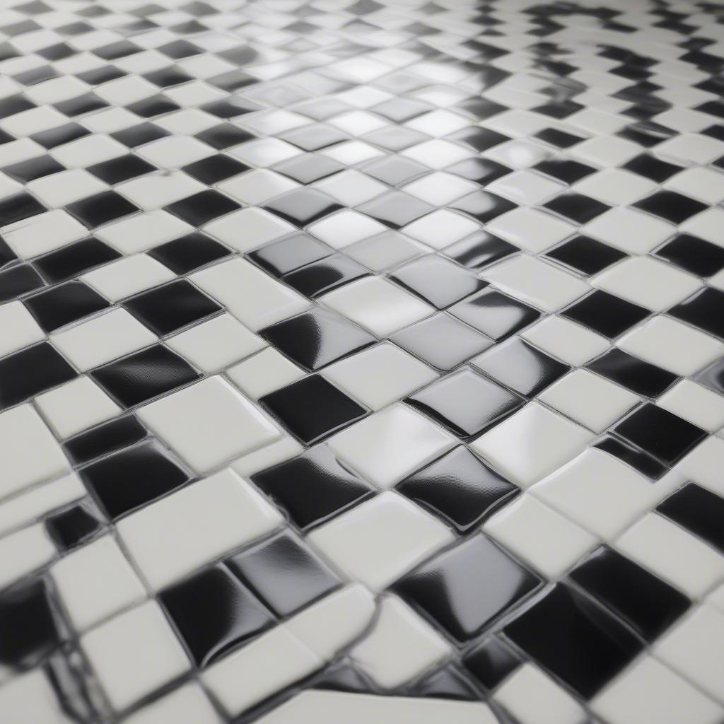 Porcelain basket weave tile in a classic black and white pattern on a bathroom floor, showcasing its timeless appeal and intricate design.