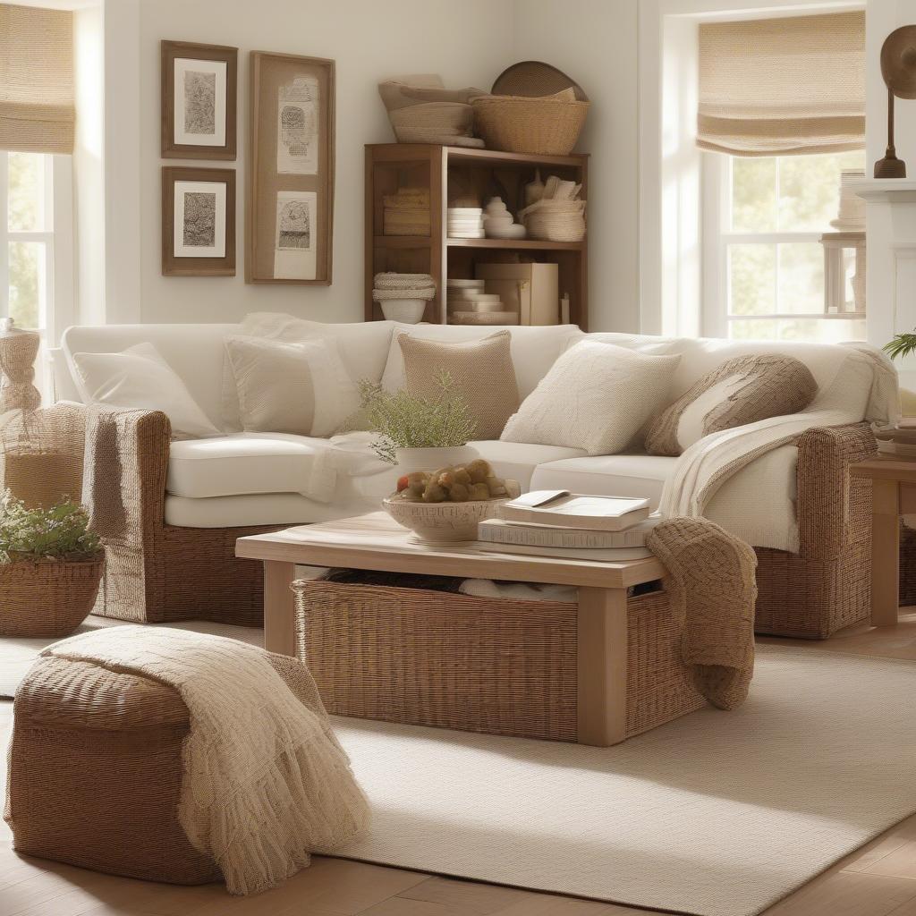 Pottery Barn Sofa with Natural Basket Weave Storage Baskets