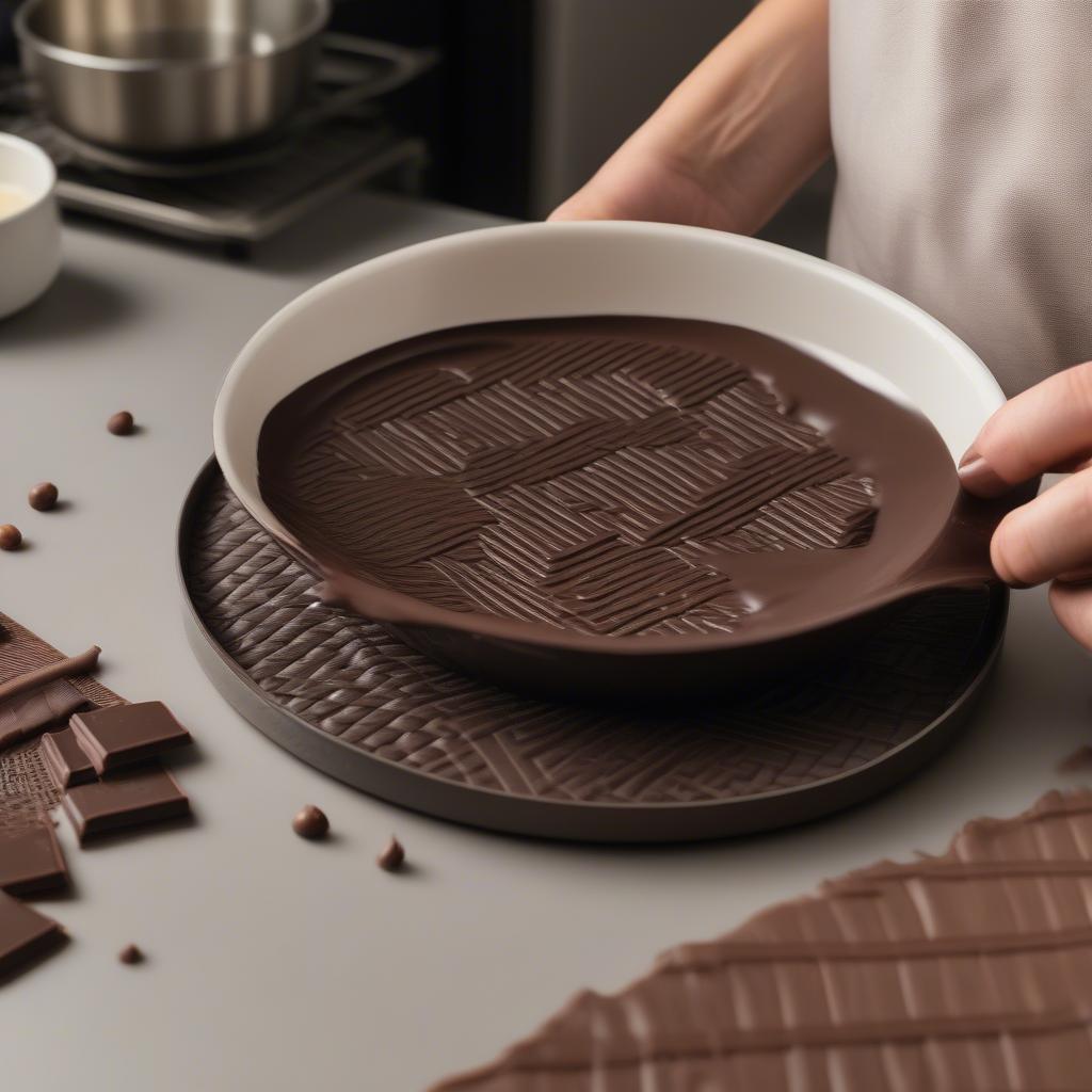 Pouring tempered chocolate onto a silicone basket weave mat.