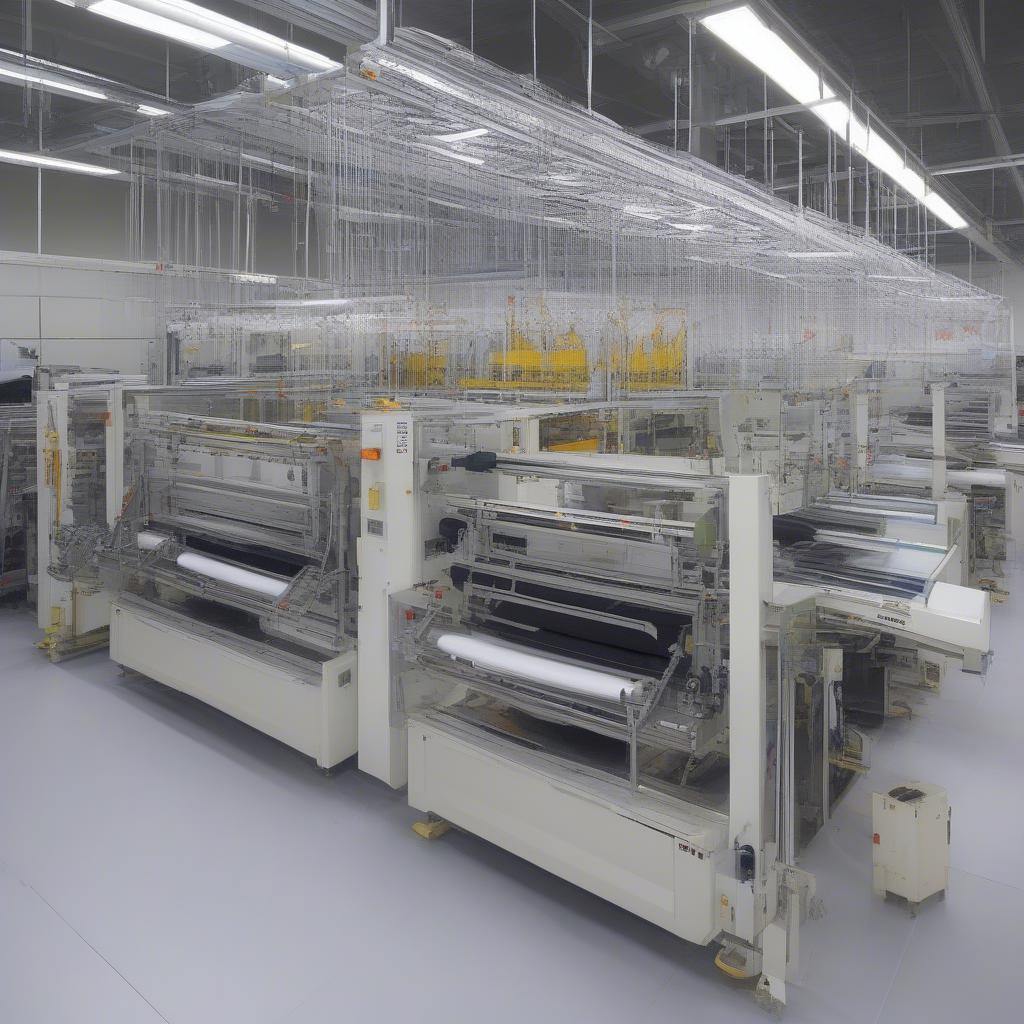 A complete PP woven bag top hemming conversion line in operation, showing the entire process from unwinding to stacking.