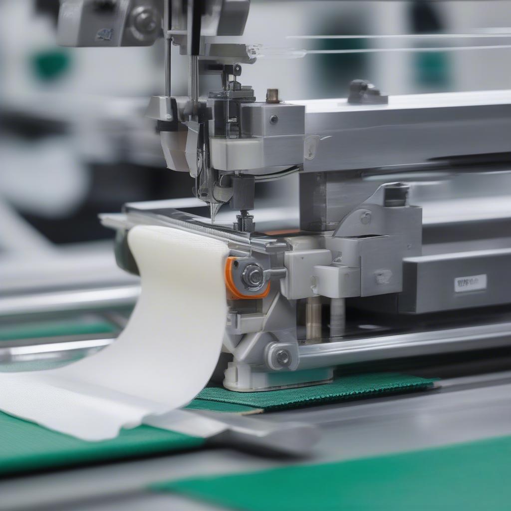 Close-up view of the hemming unit in action, showing the fabric being folded and stitched.