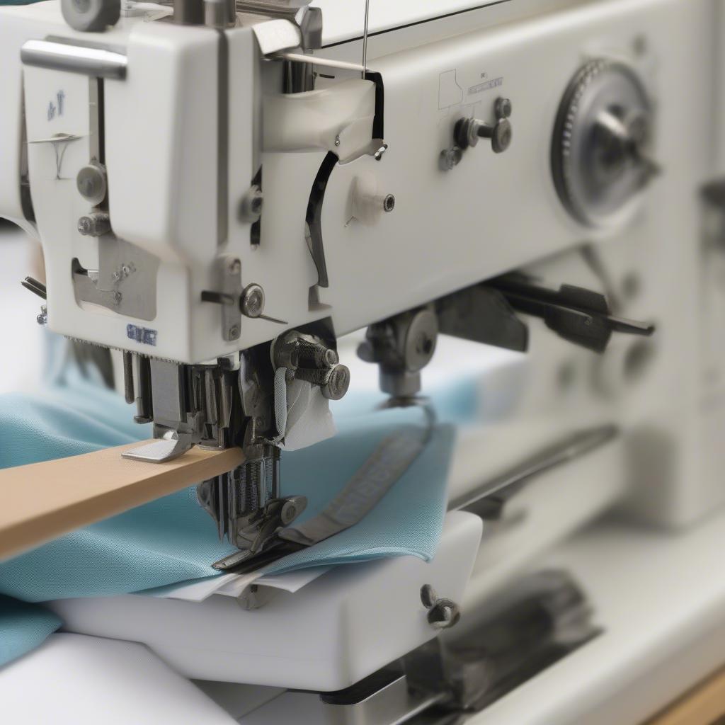 Close-up view of a PP woven bag top hemming machine in operation, showing the feeding mechanism, stitching head, and finished hem.