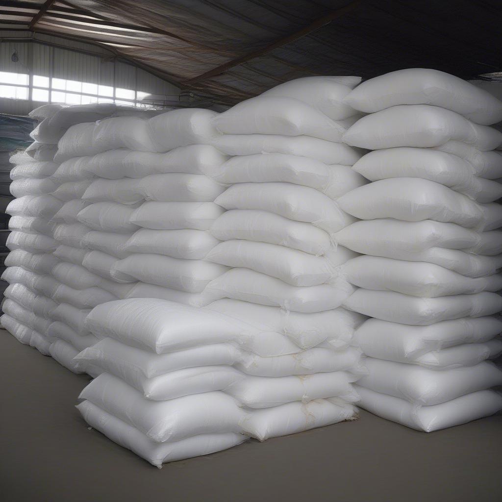 PP Woven Bags Stacked in a Rice Warehouse