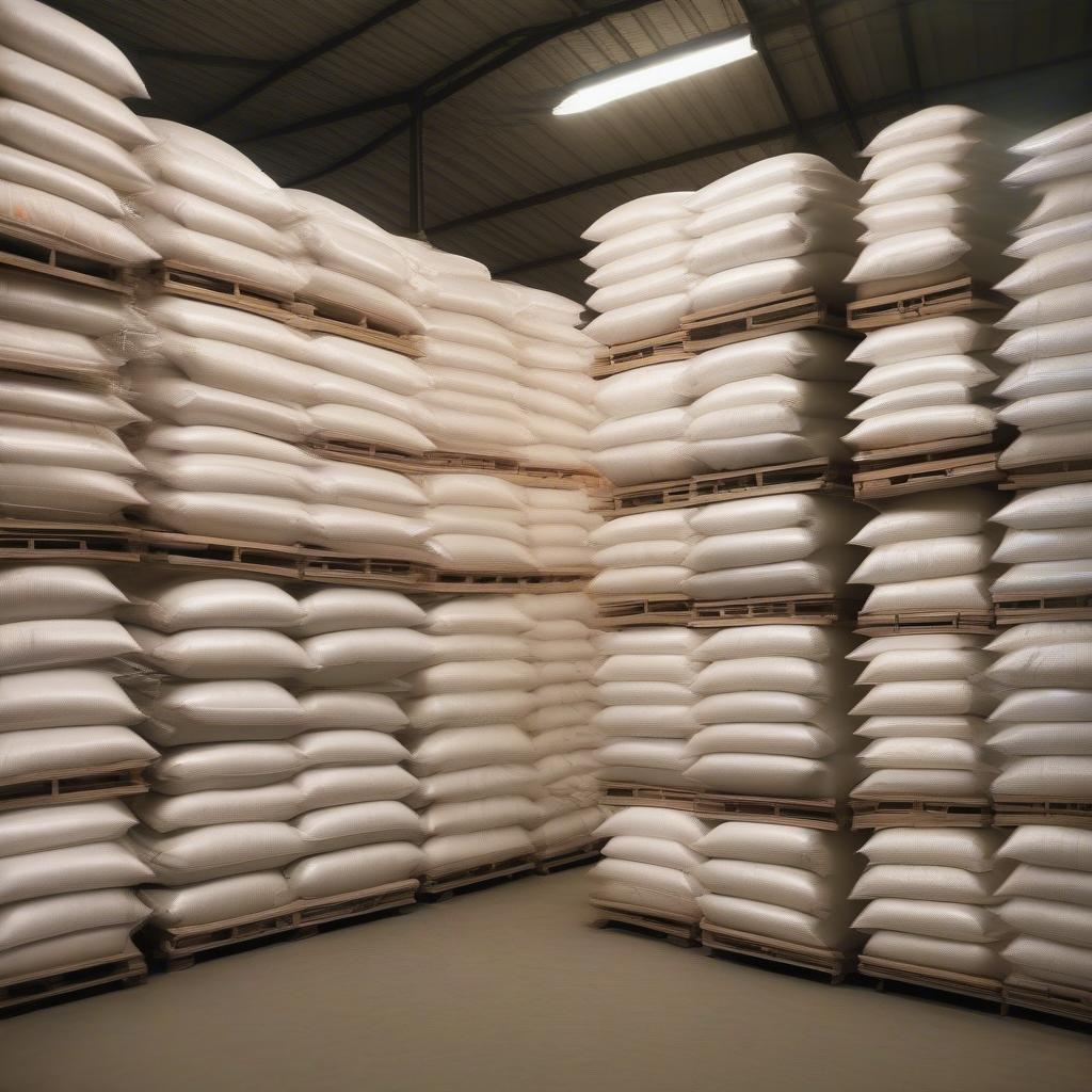 Stacked PP Woven Rice Bags in a Warehouse