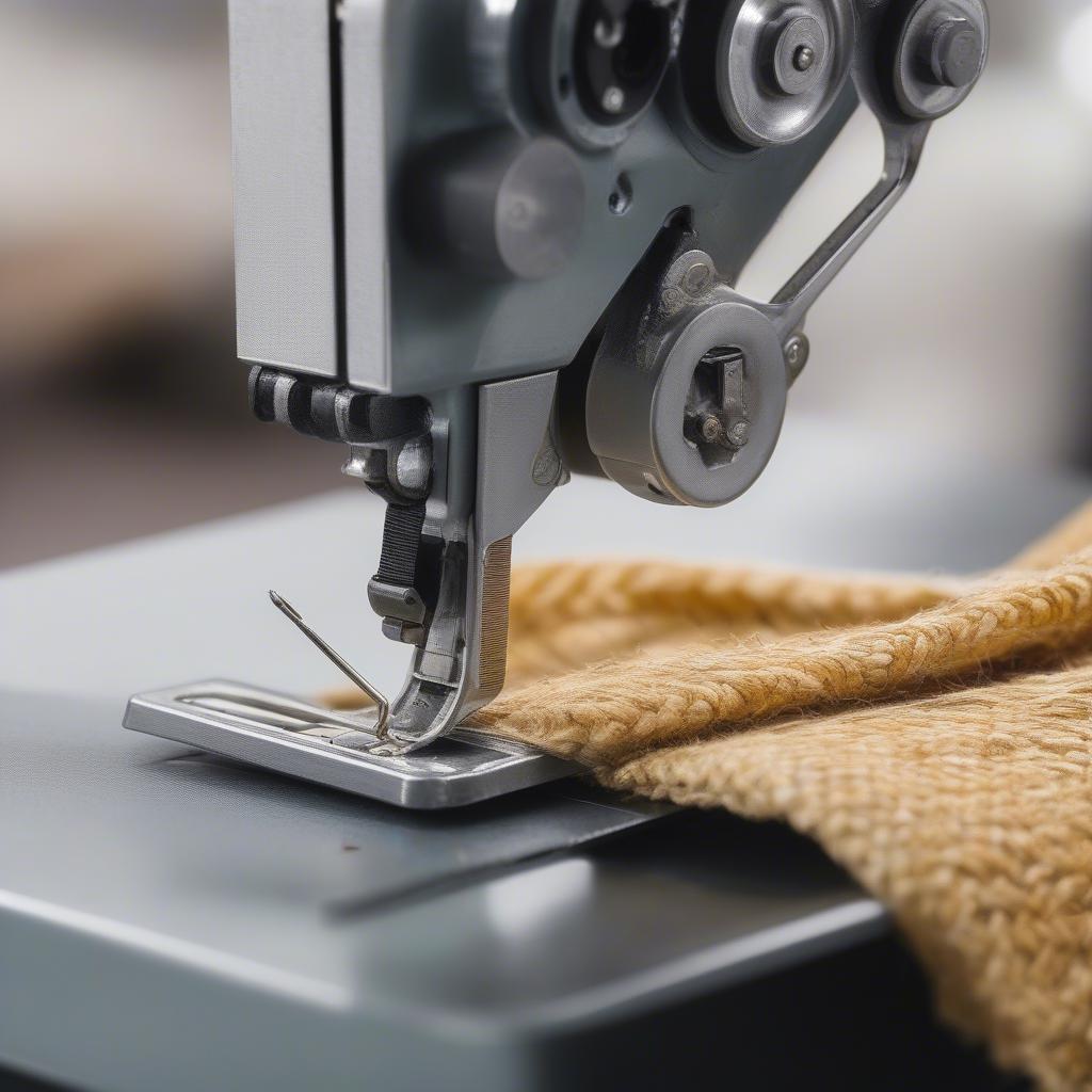 Close-up view of a PP woven sack bag sewing machine