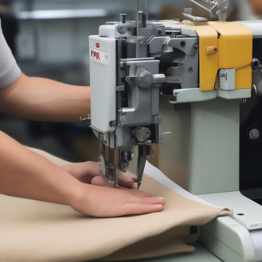 Operator using a PP woven sack bag sewing machine