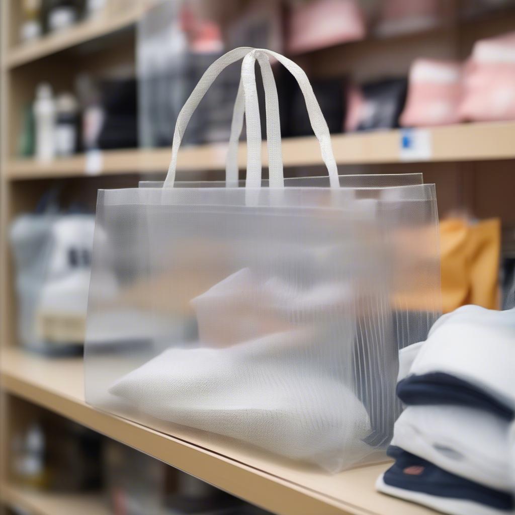 A PP woven transparent bag placed on a retail shelf