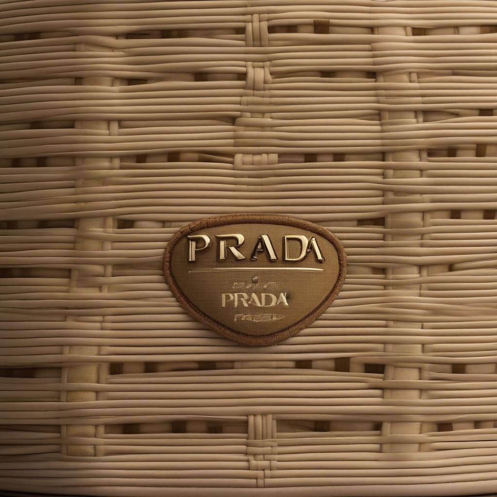 Close-up of the Prada Bicolor Woven Tote's intricate weave and logo