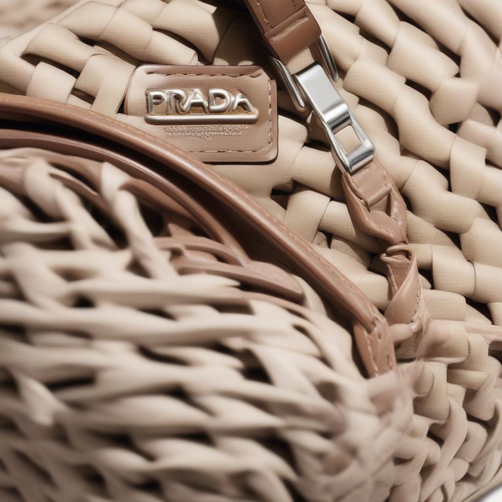 Detailed view of the Prada Bicolor Woven Logo Shopper Tote's hardware and stitching