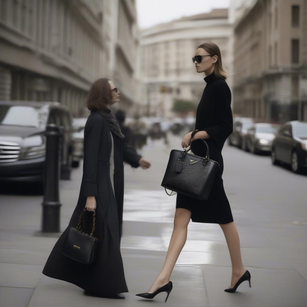 A woman stylishly carrying a Prada black woven bag in a street style setting