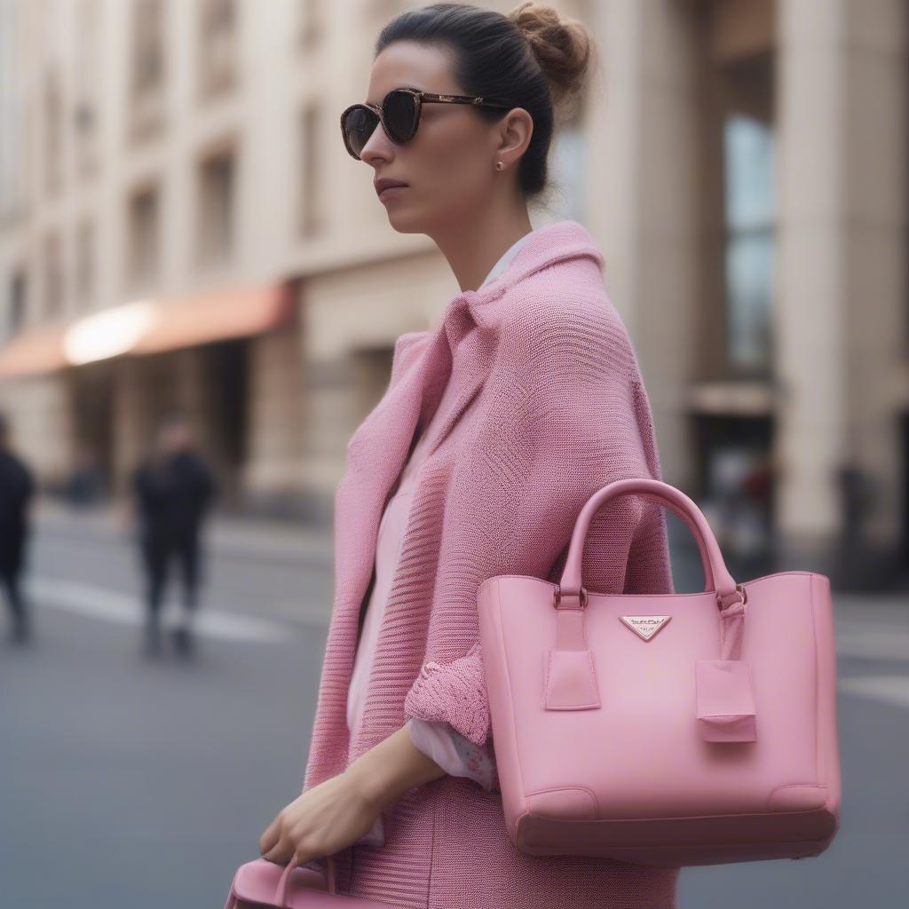 Prada Pink Woven Bag Street Style