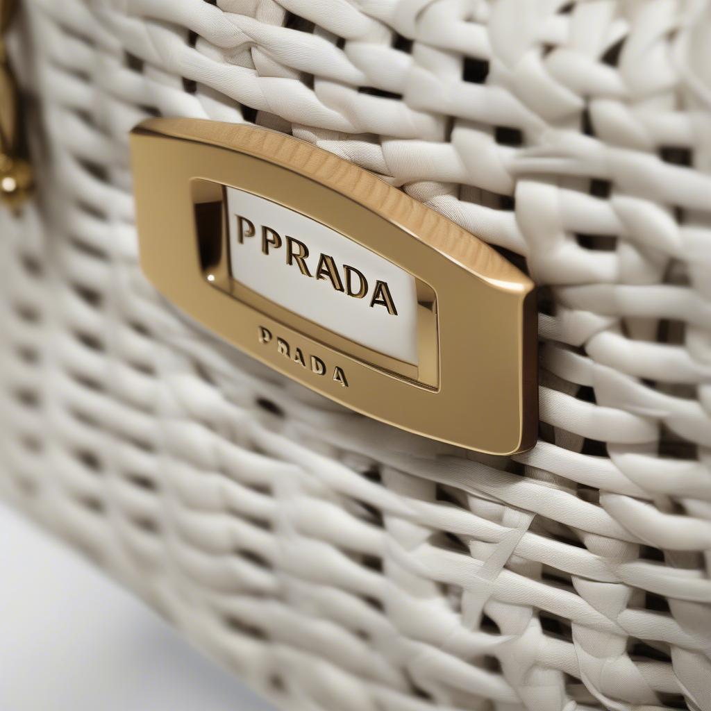 Close-up view of a Prada white woven bag, showcasing its intricate woven pattern and luxurious leather details.