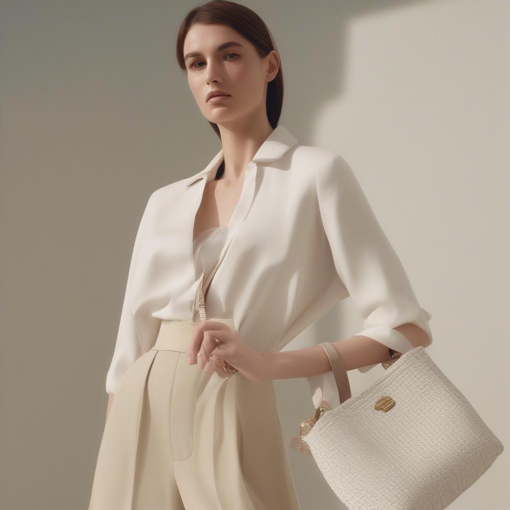 A woman stylishly wearing a Prada white woven bag with a summer outfit, demonstrating how to incorporate the bag into a fashionable ensemble.