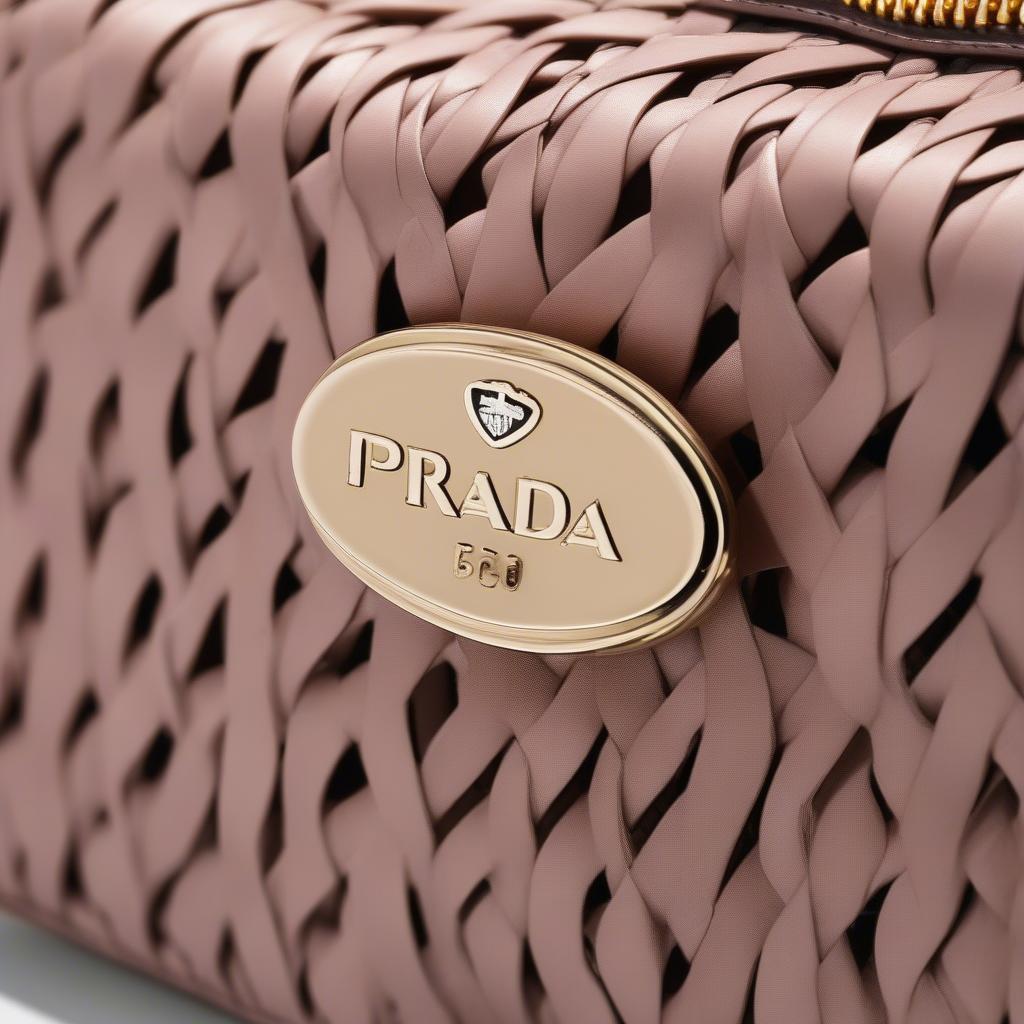 Close-up view of a Prada woven crossbody bag