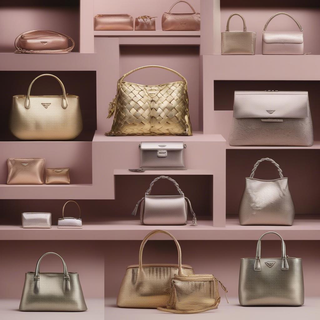 Different styles of Prada woven metallic bags, showcasing the variety of shapes and sizes available.