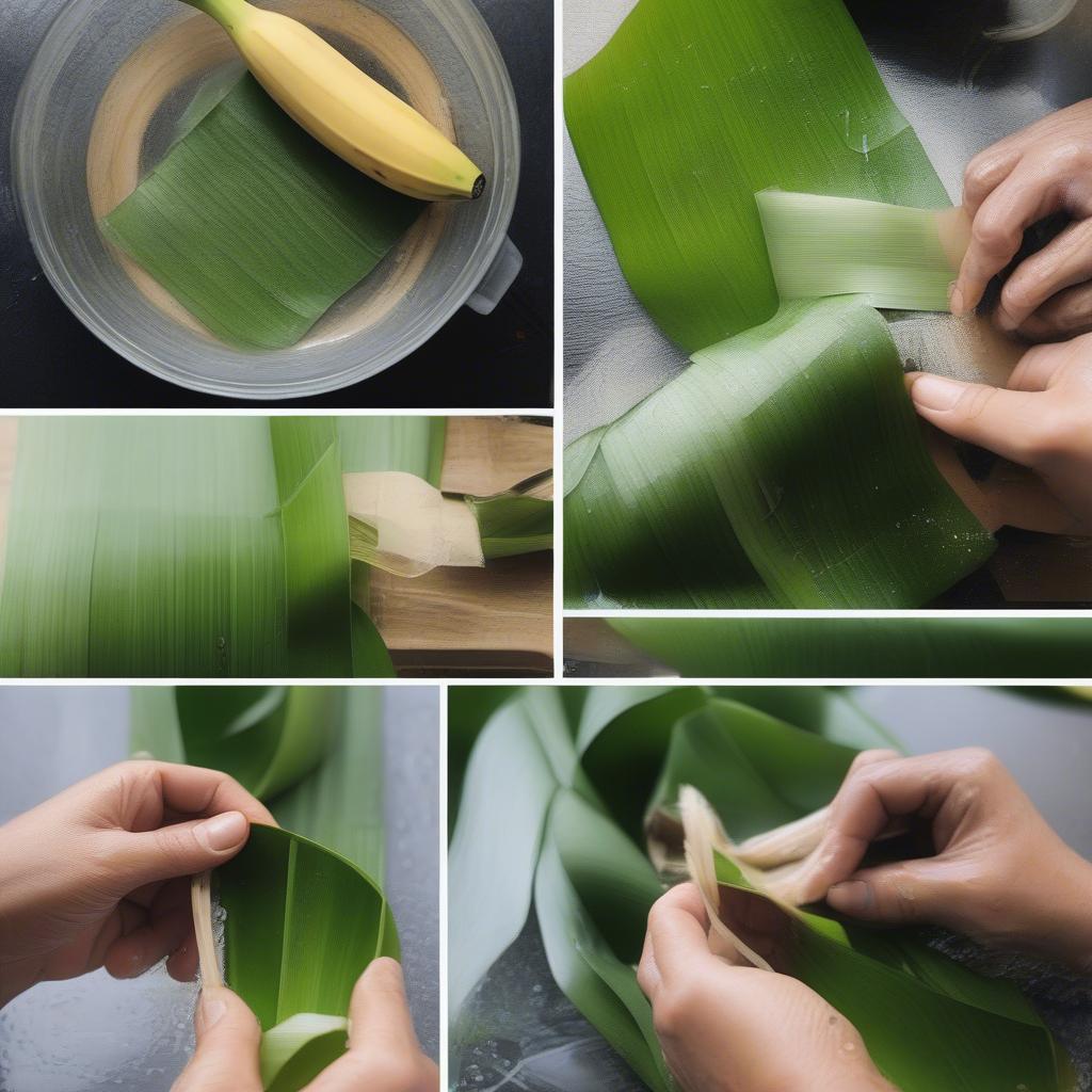 Preparing banana leaves for weaving a basket