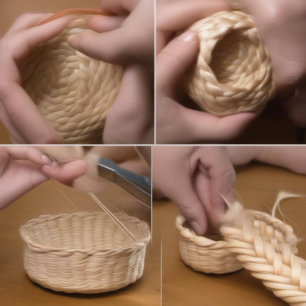 Steps to prepare a basket for a braided rim, including trimming and smoothing the edges.