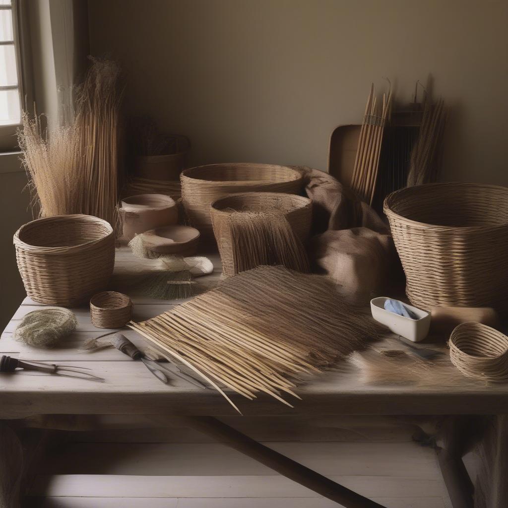 Soaking and preparing natural materials for basket weaving.