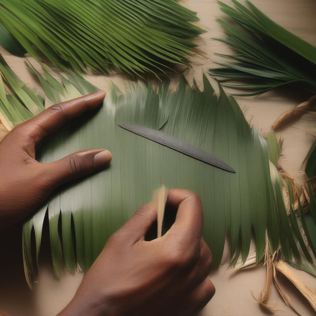 Preparing Coconut Palm Leaves for Weaving