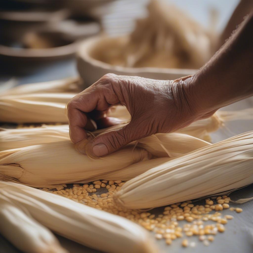 Hands carefully separating and preparing dried corn husks for the weaving process. The husks are soaked and pliable, ready to be woven into a basket.