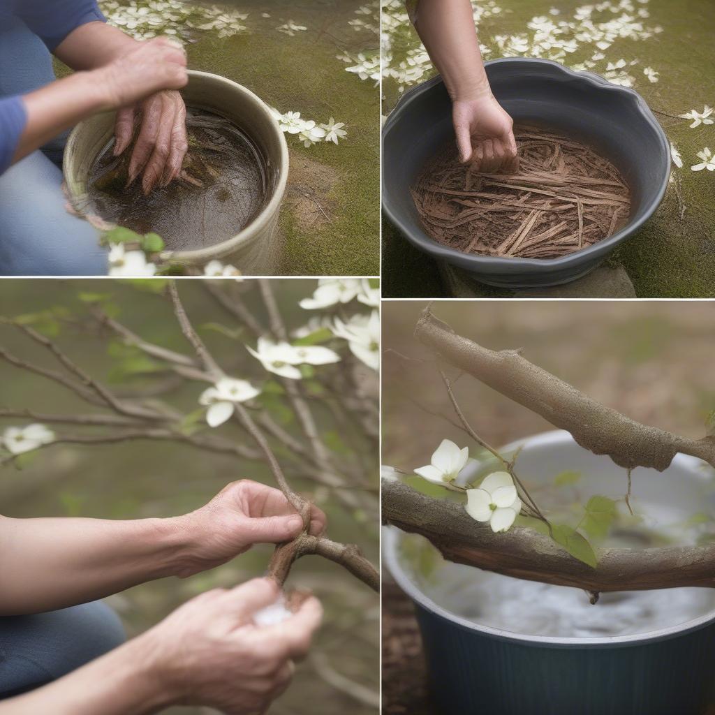 Soaking and scraping dogwood branches to prepare them for basket weaving.