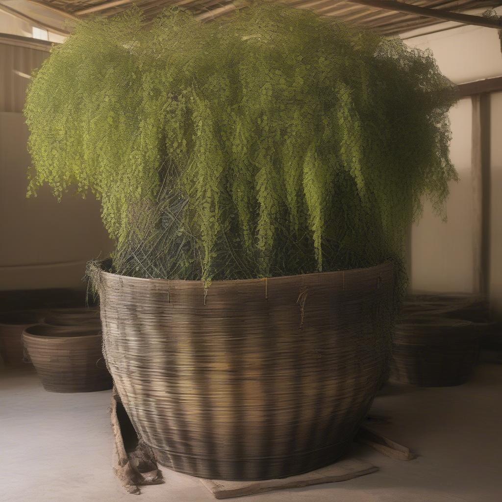 Preparing honeysuckle vines for basket weaving by soaking.