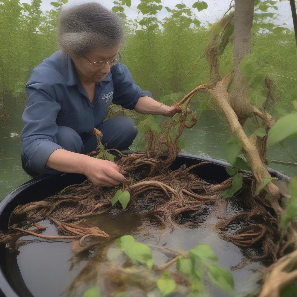 Soaking and peeling honeysuckle vines to prepare them for basket weaving.