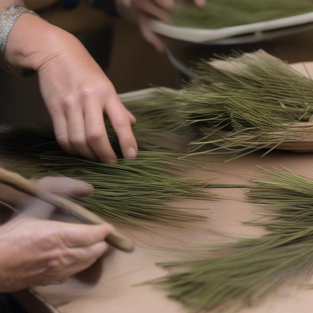 Close-up of hands preparing pine needles for weaving