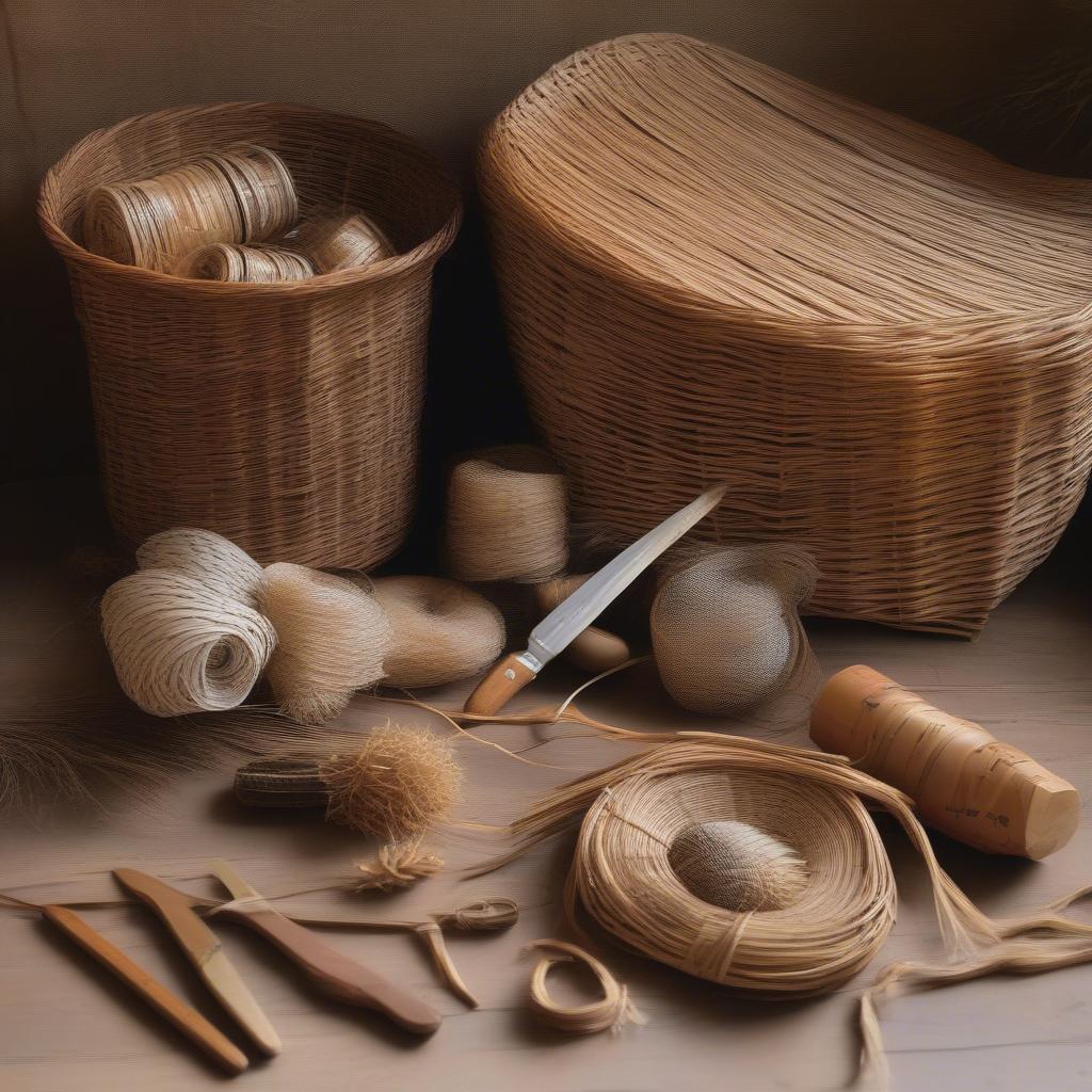 Preparing materials for basket weaving, including reed, wicker, and tools.