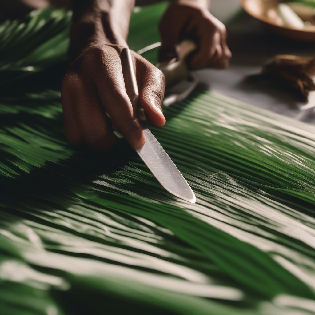 Preparing palm leaves for weaving