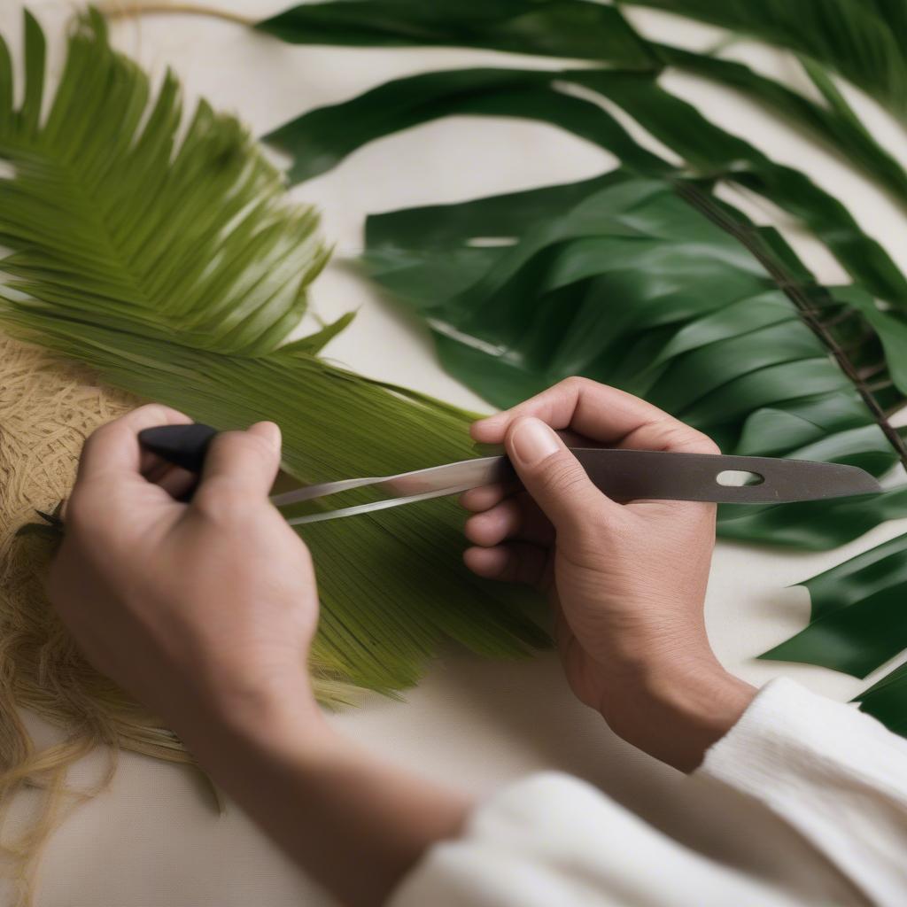 Preparing Palm Leaves for Hat Weaving