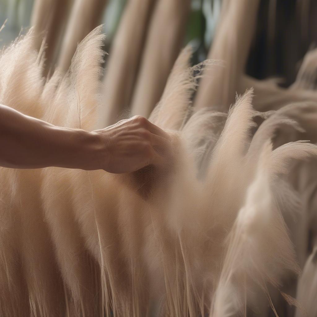 Hands gently cleaning and preparing dried pampas grass plumes for a weaving project.