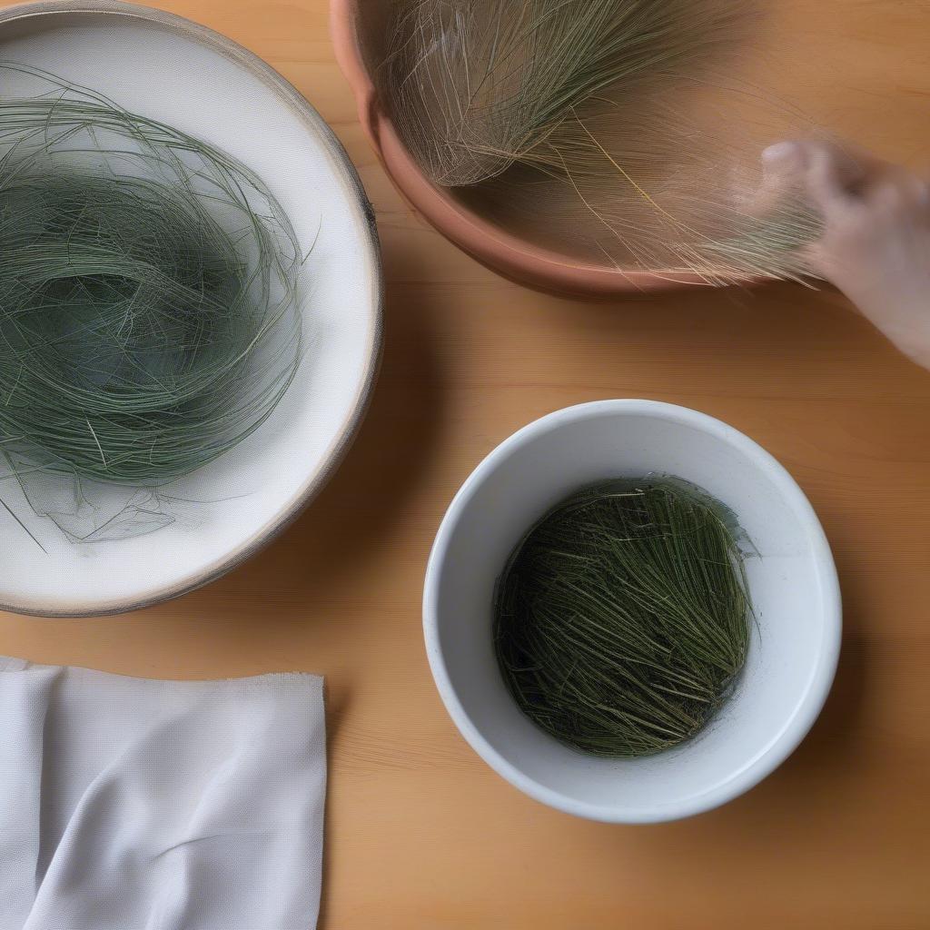 Preparing pine needles for basket weaving by soaking and sorting.